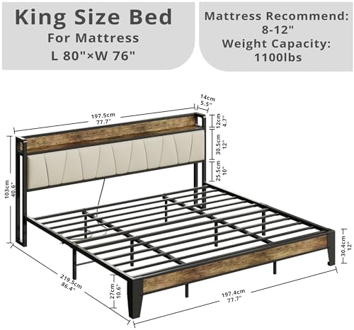 LIKIMIO King Bed Frame, Storage Headboard with Charging Station, Solid and Stable, Noise Free, No Box Spring Needed, Easy Assembly (Walnut and Beige) - Image 2