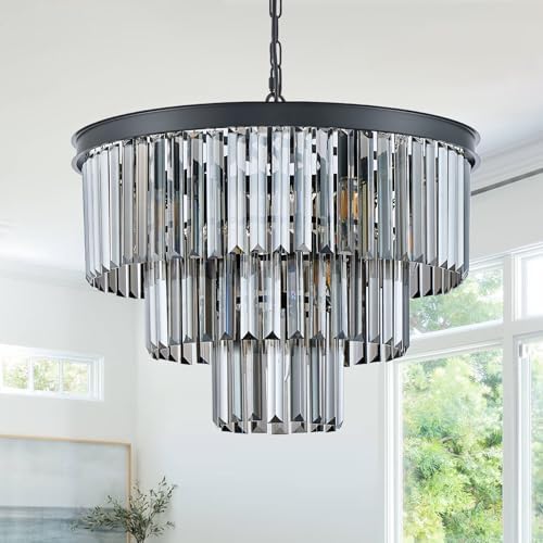 CATINER 20" Smoke Gray Crystal Chandeliers,7 Lights Black Light Fixture by CATINER