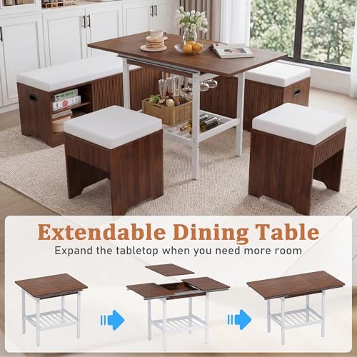Extendable 6-Piece Breakfast Nook Set with Storage Benches & Stools, Corner Dining Table Set with Wine Glass Holder, Space-Saving Kitchen Table for Indoor/Outdoor Use (Walnut+White Cushion) - Image 2