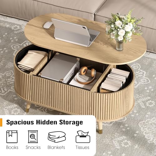 JOINICE Oval Lift Top Coffee Table with Storage for Living Room,43",Oak - Image 3