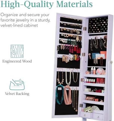 Best Choice Products Freestanding Jewelry Armoire Cabinet, Full Length Standing Mirror, Lockable Makeup Storage Organizer, w/Velvet Lining, 3 Angles, Lock, Accessory Pouch, 5 Shelves - Lavender - Image 5