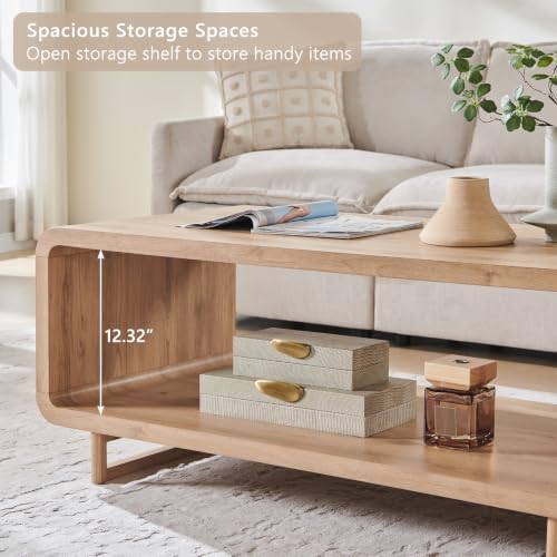 IFGET 48" Modern Coffee Table, 2-Tier Curved Center Table, Natural Oak - Image 5