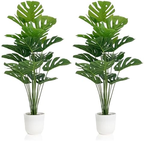 SAJANDAS Set of 2 Artificial Monstera Deliciosa Plants in Pots, Fake Tropical Trees with Greenery Leaves Stems, 32 Inch Faux Swiss Cheese Floor Plants for Home Porch, Garden, Office, Store Decor by SAJANDAS