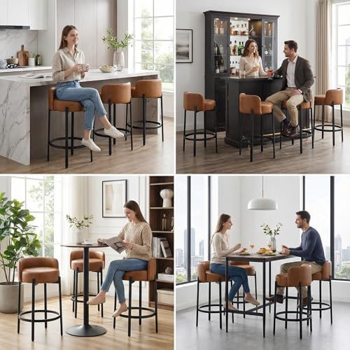 LukeAlon Modern PU Leather Counter Height Stools Set of 2, Upholstered 26" Seat Height Barstools with Black Metal Legs Round Low Back Kitchen Stools with Footrest for Dining Room Small Places, Brown - Image 6
