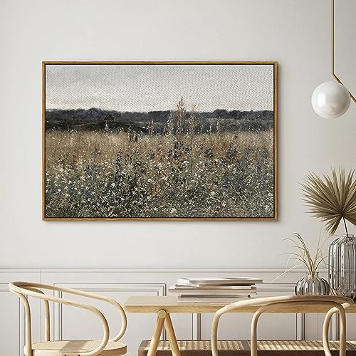 InSimSea Framed Canvas Wall Art Vintage Decor, Landscape Wall Art, Meadow with Flowers Art, Modern Farmhouse Decor, Cottagecore Bedroom Bathroom Office Decorations, 24"x36" - Image 3