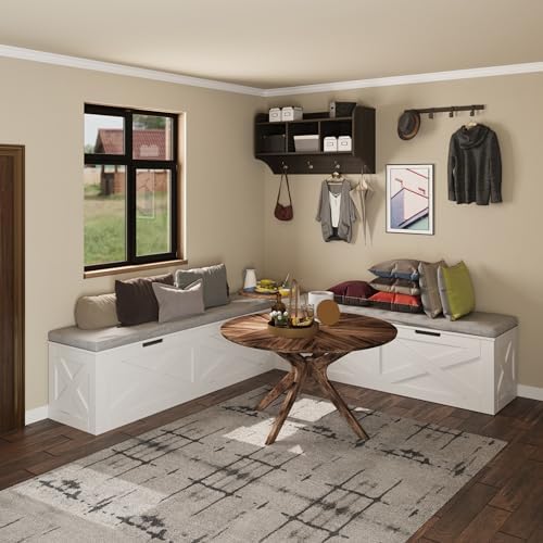 Bobve L-Shape Storage Bench with Cushion, Backless Corner Dining Bench, Kitchen Dining Nook Bench with Hidden Storage for Dining Room, Kitchen, Entryway (White+Grey) - Image 4