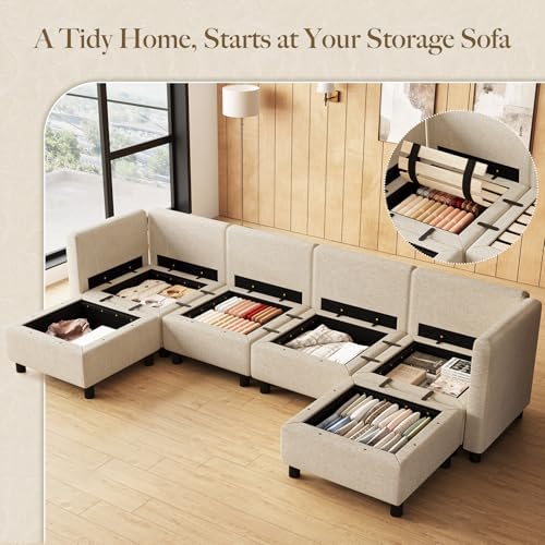 Belffin 110.2" Modular Sectional Sofa 6 Seats U Shaped Couch Washable Sectional Couches for Living Room Comfy Couches with Storage Seat Couch Sofas with Chaise,Beige - Image 3