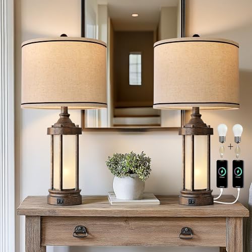 25'' Table Lamps Set of 2 for Living Room Bedroom Farmhouse Metal Lamps with 2 USB Ports, Built-In Frosted Glass Night Light Vintage Industrial Nightstand Bedside Lamp, 4 Bulbs Included, Bronze by G-SAFAVA