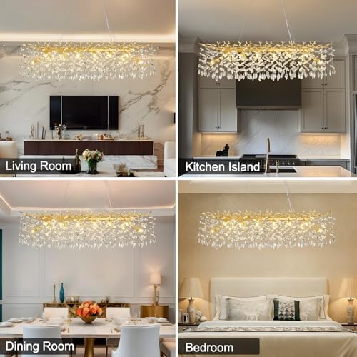 47.2" Modern Crystal Chandelier, 14-Light Gold Tree Branch Chandelier for Dining Room, Luxury Rectangular K9 Crystal Raindrop Chandeliers Light Fixture for Kitchen Island, Living Room, Foyer, Bedroom - Image 2