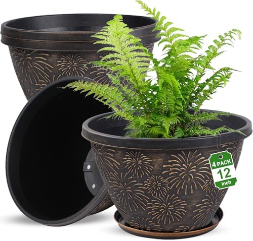 Nooulap 4 Pack 12 Inch Plant Pots with Drainage Holes and Saucers by Nooulap