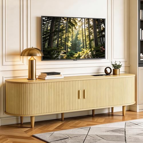 MXV 70" TV Stand with Sliding Doors for Living Room, Mid Century Modern Entertainment Center, TV Console with Fluted Door Cabinets and Power Outlet, Oak by Unknown