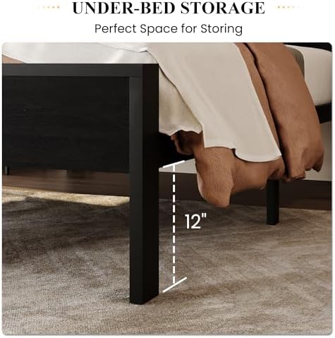 SHA CERLIN 14 Inch Twin Size Metal Platform Bed Frame with Wooden Headboard and Footboard, Mattress Foundation, No Box Spring Needed, Large Under Bed Storage, Heavy Duty Slats Support, Black Oak - Image 4