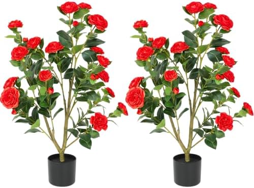 38 inch 2 Pack Artificial Red Camellia Trees in Pot by Unknown