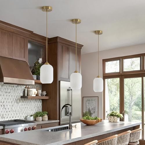 KCO 2 Pack Small Brass Gold 5.5” Ribbed Cylinder White Glass Pendant Lights - Image 5