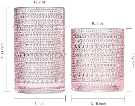 Khen Hobnail Beaded Highball Drinking Tumbler Glasses | Set of 12 | Pink Blush Color, Vintage Bubble Design Whiskey Glassware, Old-Fashioned, Embossed Design for Water, Wine, Cocktail, Rocks Glass - Image 5