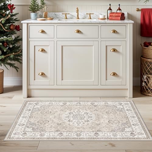 Washable 2x3 Entryway Area Rug - Neutral Kitchen Rug Runner Vintage Soft Floor Mat Non Slip Indoor Farmhouse Carpet for Bathroom Living Room Bedroom (2 X 3, Beige) - Image 2