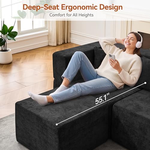 MONVANE Modular Sectional Sofa, Oversized 8 Seat Convertible U Shaped Couch with Ottoman, Comfy Chenille Cloud Couch with Deep Seat, Sectional Couches for Living Room, No Assembly Required, Black - Image 4