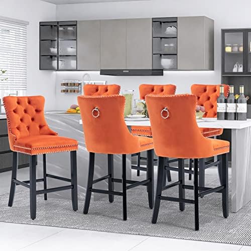 SoarFlash Modern Velvet Upholstered Bar Stools Set of 6 with Wood Legs, Button Tufted,Chrome Nailhead, Counterstool Seat, Armless Bar Chairs (Orange) - Image 5