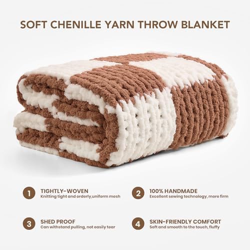 L'AGRATY Chunky Knit Throw Blanket for Couch 60 x 80 Inches Brown Checkered - Image 2