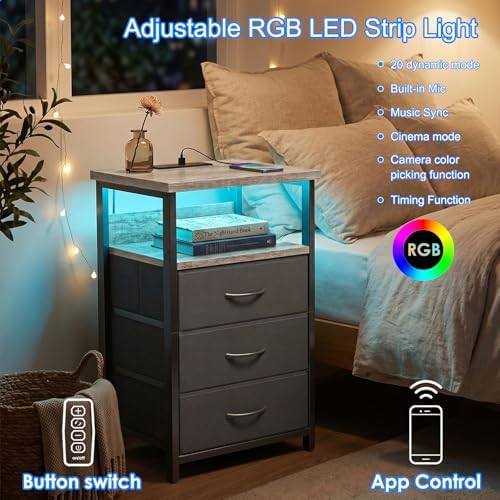 Fixwal Night Stand with 3 Fabric Drawers, Nightstand with Charging Station - Image 4