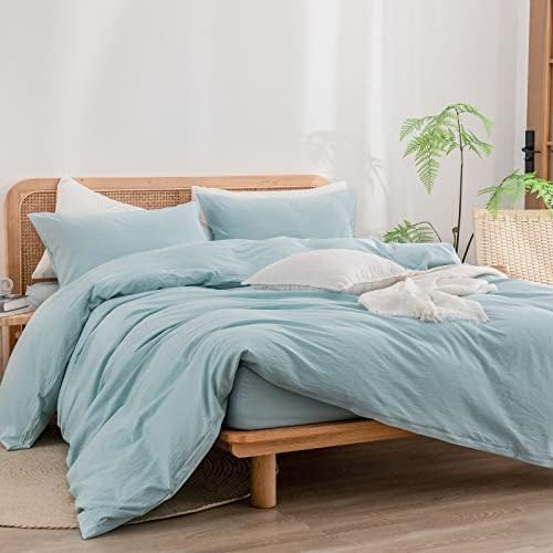 BESTOUCH Cotton Solid Duvet Cover Set Linen Feel Hushed Green Queen - Image 4
