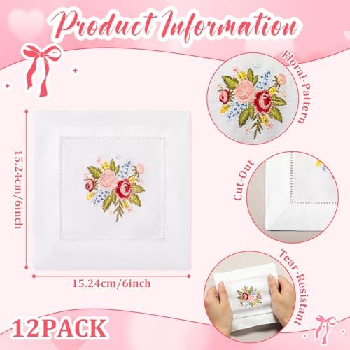 LemonRoad Embroidered White Linen Cocktail Napkin 6x6 Inch Floral Napkin Coasters Set of 12 Cloth Cocktail Washable Linen Hemstitch for Tea Party Cottagecore Bridal Shower Gift Wedding Decoration - Image 2