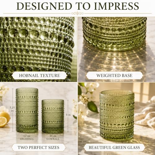 Khen Hobnail Beaded Highball Drinking Tumbler Glasses | Set of 12 | Color, Vintage Bubble Design Whiskey Glassware, Old-Fashioned, Embossed Design for Water Wine, Cocktail Embossed Heavy Glass (Green) - Image 6