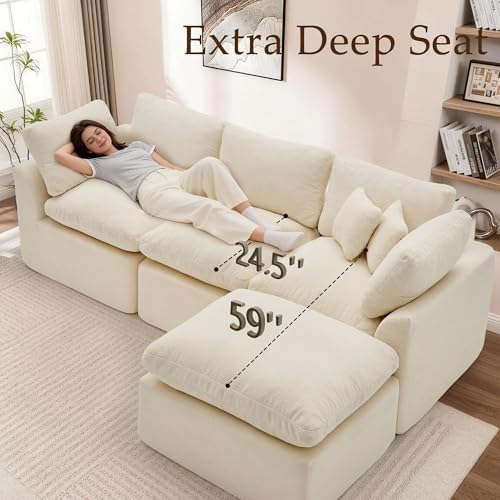Korser 110" Cloud Sectional Boneless Couches for Living Room, Modern Modular Sectional Sofa with Ottoman, Cloud Couch with Comfy Deep Seats, Cut Pile Chenille L-Shape Sofa Couch for Living Room, Beige - Image 4