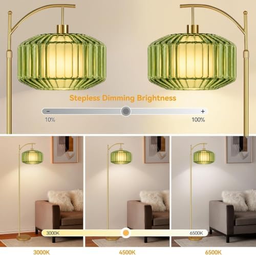 Arc Floor Lamp For Living Room,Bedroom,Gold Vintage Remote Dimmable Standing Lamps With Green Drum Glass&Fabric Shade,LED Tall Floor Light For Office,Modern Boho Farmhouse Cute Corner MCM Lamp - Image 3
