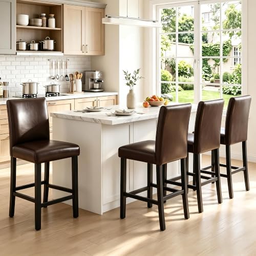 LSSPAID Counter Height Bar Stools Set of 4, 25 Inch Upholstered PU Leather Barstools, Modern Kitchen Island Chairs with Backrest and Solid Wood Legs, Dark Brown by LSSPAID