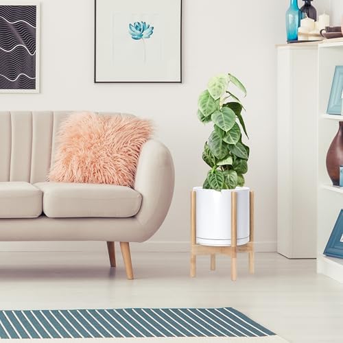 D'vine Dev Ceramic Pot with Natural Wood Stand, White, 10 in, 55-B-K-1 - Image 3