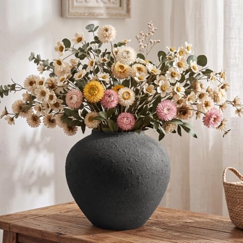 Large Round Black Vase with Pottery Look, Metal Rustic Vase for Flowers - Image 5