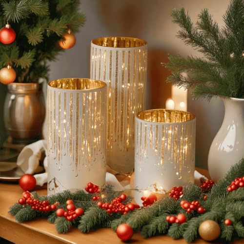 Starry Night Hurricane Candleholders with Warm LED Lights & Remote Timer, Elegant Twinkling Decorative Centerpieces for Wedding, Dining Table, Living Room, Mantel Décor, Set of 3 (White) - Image 3