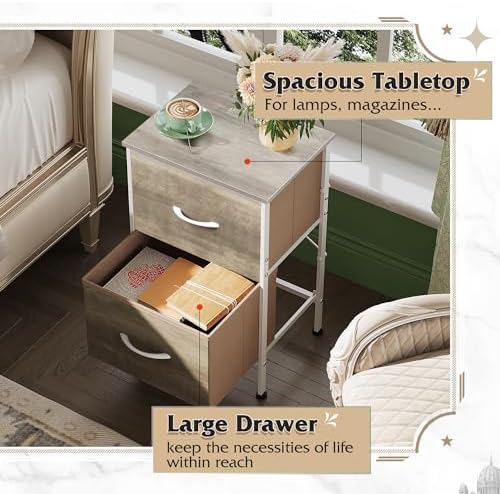 WLIVE Night Stand, Greige Nightstand with 2 Fabric Drawers, Small Dresser for Bedroom, Bedside Table End Table with Storage Drawer, College Dorm, Dormitory, Greige Oak - Image 5