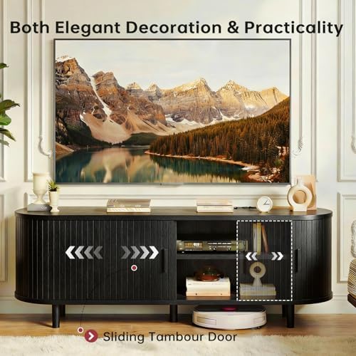 MXV 65" Mid-Century Modern TV Stand with Sliding Doors, TV Consoles with Power Outlet, Fluted Entertainment Center with Adjustable Shelves, for Living Room - Image 5