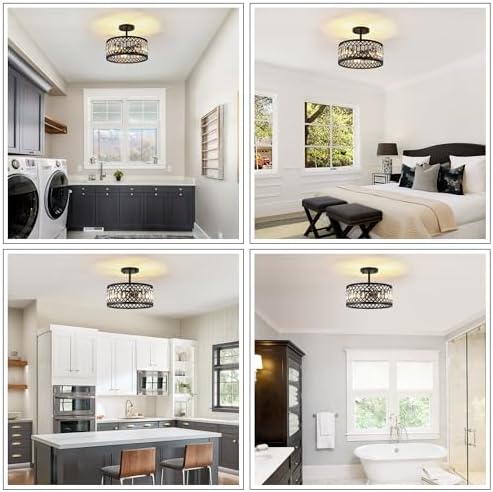 CNRATYE 12.6" Crystal Semi Flush Mount Ceiling Light Fixture, 3-Light Antique Black Hallway Light Fixtures, Round Chandelier for Bathroom Entryway Closet Bedroom Kitchen Dining Room - Image 4