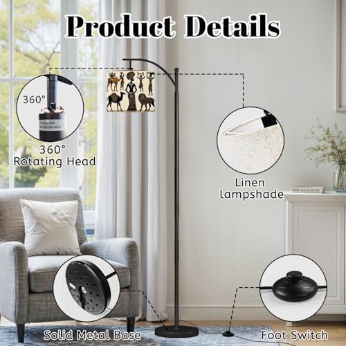 Arc Floor Lamp African Set African Masks African Animals Dimmable Modern Standing Lamp with Remote Adjustable Drum Shade Footswitch Tall Pole Lamp for Living Room Bedroom - Image 6