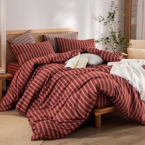 BESTOUCH Striped Cotton Duvet Cover Set Linen Feel Oversized Full - Image 5