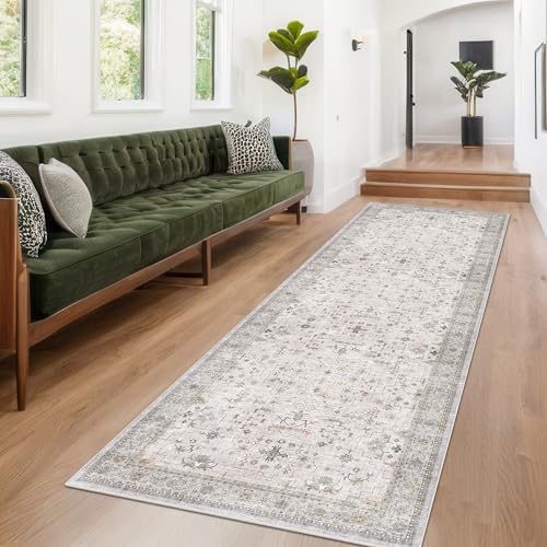 Washable Long Runners for Hallways, 3x8 Low Pile Kitchen Runner Rug, Bohemian Light Gray & Sage Entryway Indoor Rug, Distressed Floral Geometric Design, Non-Slip Stain & Fade Resistant - Image 6