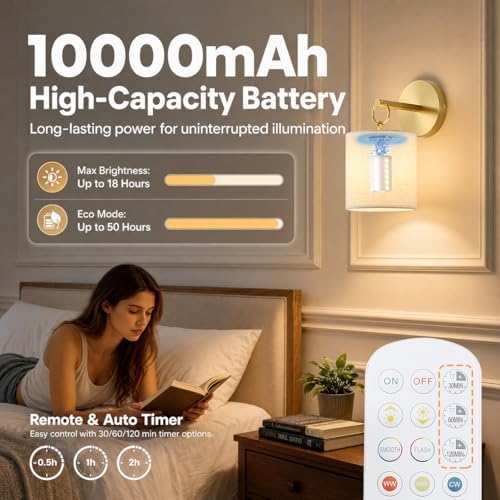 Detachable Wall Sconces Battery Operated With Hanging Hook,10000mah Battery Operated Wireless Wall Sconces Set of Two,12 RGB Gold Sconce With Remote,Renter Friendly Wall Lamps for Living Room,Bedroom - Image 4