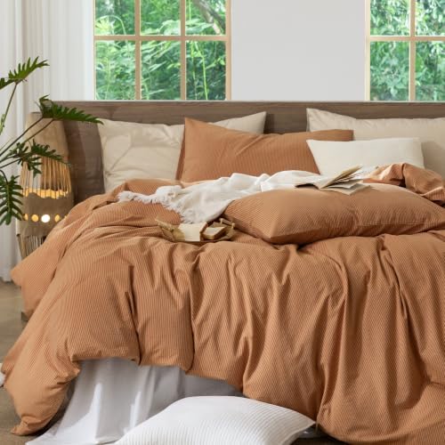 MooMee Striped Duvet Cover Set 100% Washed Cotton Linen Like Queen - Image 5