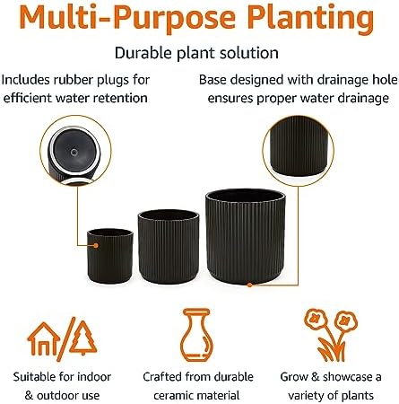 Amazon Basics Fluted Ceramic Planters for Indoor Outdoor Plants, Round Flower Pots with Drainage Hole, Set of 3, 6 inch, 8 inch, 10 inch, Black - Image 2