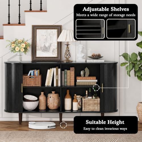 DHH Sideboard Buffet Cabinet with Storage,Mid Century Modern Fluted Accent Coffee Bar Console Table,Tambour Sliding Doors& Adjustable Shelf for Kitchen, Living Room, Entryway(Black, 55 Inch) - Image 3