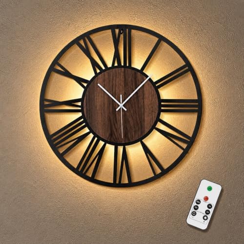 24Inch Large Lighted Wood Wall Clock Remote Control, Roman Numeral Modern Decorative Clock with Silent Movement, Battery Operated Clocks for Living Room Decor by Unknown