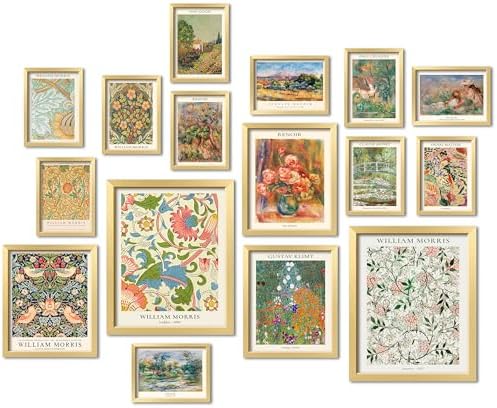 ANERZA 16 PCS Gold Framed Vintage Eclectic Wall Art Decor, William Morris Wall Prints for Bedroom, Gallery Wall Frame Set, Posters for Living Room Aesthetic, Collage Kit, Colorful Dorm Home Artwork by Unknown