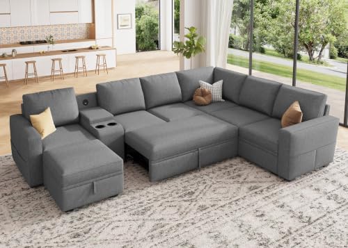 HONBAY Modular Sleeper Sofa with Pull Out Bed, Central Console, Grey by HONBAY