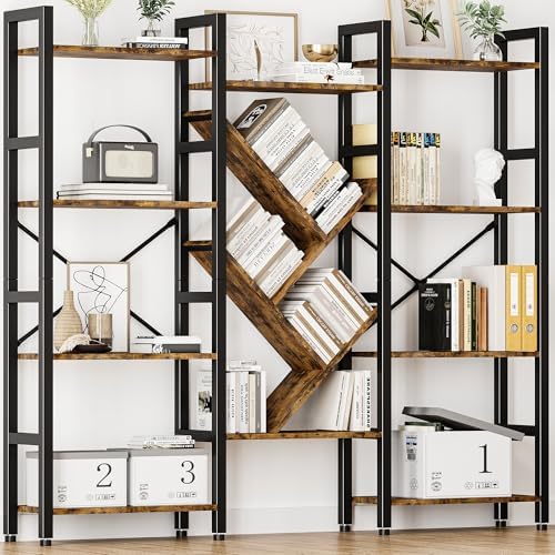 INNOD Triple 4 Tier Book Shelf, Large Industrial Bookcase with Storage Cabinet, Tall Bookshelf with Open Display Shelves Furniture for Living Room Bedroom Home Office Rustic Brown by INNODToddlerTower