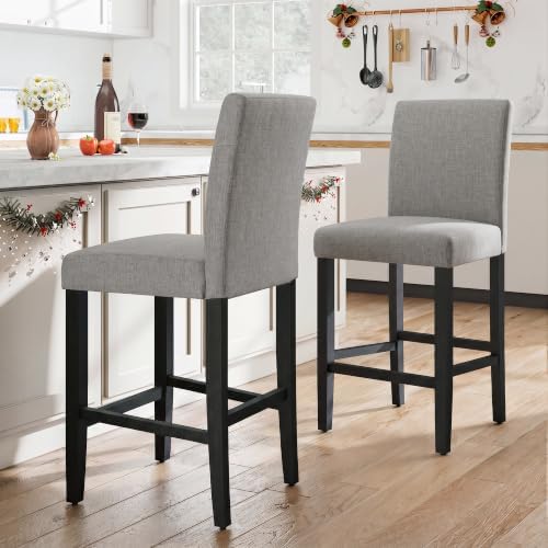 LSSPAID Bar Stools Set of 2, 25 Inch Upholstered Fabric Counter Height Stools, Modern Kitchen Island Wood Bar Chairs Barstools with Backrest and Solid Wood Legs, Grey by LSSPAID