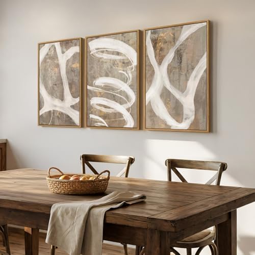 Large Framed Neutral Beige Abstract Wall Art for Living Room, 3 Piece 24x36 - Image 2