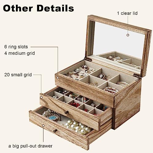 Meangood Jewelry Box Organizer for Women, 3 Layer Large Jewelry Storage Case, Rustic Wooden Jewelry Box with Mirror & Ring Tray for Necklace Earring Bracelets Rings, Vintage Style (Carbonized Black) - Image 3